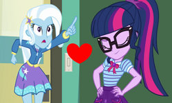 Size: 1798x1078 | Tagged: safe, edit, edited screencap, screencap, sci-twi, trixie, twilight sparkle, equestria girls, equestria girls specials, g4, my little pony equestria girls: better together, my little pony equestria girls: forgotten friendship, my little pony equestria girls: holidays unwrapped, the cider louse fools, cute, eyes closed, female, geode of telekinesis, lesbian, love, magical geodes, pointing, ship:sci-twixie, ship:twixie, shipping, shipping domino, twiabetes