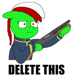 Size: 400x400 | Tagged: safe, artist:busterbuizel, oc, oc:wandering sunrise, earth pony, pony, fallout equestria, fallout equestria: dead tree, :i, clothes, crossing the memes, delet this, eyestrain warning, fallout, gun, i mean i see, jumpsuit, meme, shotgun, solo, vault suit, weapon