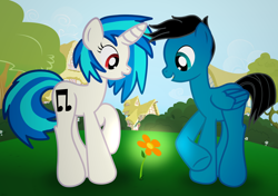 Size: 8544x6008 | Tagged: safe, artist:agkandphotomaker2000, dj pon-3, vinyl scratch, oc, oc:pony video maker, pegasus, pony, unicorn, g4, admiration, building, bush, canon x oc, female, flower, grass, male, ponyville, raised hoof, shipping, show accurate, straight, stumbling upon, tree, videoscratch