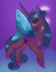 Size: 500x645 | Tagged: safe, artist:kingakiuwu, queen chrysalis, changeling, changeling queen, g4, idw, reflections, spoiler:comic, crescent moon, crown, eyes closed, female, jewelry, mirror universe, moon, profile, regalia, reversalis, solo
