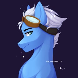 Size: 1334x1334 | Tagged: safe, artist:colirosablitz, oc, oc only, oc:winter roll, earth pony, pony, blue background, blue body, blue coat, blue eyes, foal, goggles, looking back, male, simple background, solo, stallion, white hair
