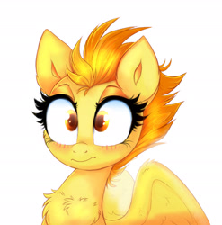 Size: 2305x2329 | Tagged: safe, artist:confetticakez, spitfire, pegasus, pony, g4, blushing, cheek fluff, chest fluff, colored pupils, cute, cutefire, ear fluff, embarrassed, female, fluffy, frown, high res, mare, simple background, sitting, solo, spread wings, white background, wide eyes, wing fluff, wings