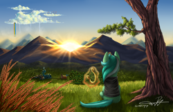 Size: 5100x3300 | Tagged: safe, artist:supermoix, lyra heartstrings, pony, unicorn, fanfic:background pony, g4, absurd resolution, clothes, cloudsdale, dig the swell hoodie, face not visible, female, food, grass, hoodie, magic, mare, morning, mountain, ponyville, rainbow waterfall, scenery, scenery porn, solo, sun, tree, twilight's castle, wheat