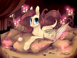 Size: 2828x2121 | Tagged: safe, artist:intfighter, oc, oc only, hybrid, pegasus, pony, bed, candle, high res, indoors, looking at you, lying down, not fluttershy, pegasus oc, pillow, prone, slit pupils, solo, wings