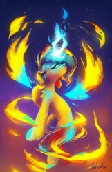 Size: 2650x4096 | Tagged: safe, artist:anticular, sunset shimmer, pony, unicorn, g4, abstract background, female, floating, magic, mare, solo