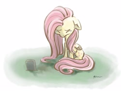 Size: 4000x3000 | Tagged: safe, artist:catscratchpaper, fluttershy, pegasus, pony, g4, crying, eyes closed, female, floppy ears, folded wings, gravestone, mare, mourning, sad, sitting, solo, teary eyes, wings