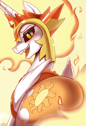 Size: 1200x1746 | Tagged: safe, artist:johnjoseco, daybreaker, princess celestia, alicorn, pony, g4, butt, dark sclera, daybutt, fangs, female, lidded eyes, looking at you, looking back, looking back at you, mane of fire, mare, open mouth, plot, praise the sun, sharp teeth, signature, solo, teeth
