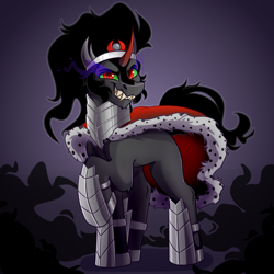 Size: 4000x4000 | Tagged: safe, artist:witchtaunter, king sombra, pony, unicorn, g4, absurd resolution, armor, cape, clothes, commission, commissioner:reversalmushroom, fangs, gradient background, male, raised leg, smiling, solo, sombra eyes, stallion