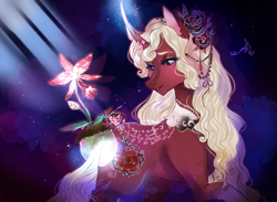 Size: 787x577 | Tagged: safe, artist:bunnari, oc, oc only, oc:blood rosabella, pony, unicorn, female, flower, flower in hair, horn, mare, offspring, parent:fluttershy, parent:king sombra, parents:sombrashy, solo, unicorn oc