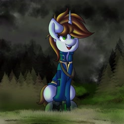 Size: 4096x4096 | Tagged: safe, artist:kranonetwork, oc, oc only, oc:littlepip, pony, unicorn, fallout equestria, clothes, cloud, cute, eyes open, field, fog, forest, green eyes, jumpsuit, outdoors, sitting, solo, stable 2, stable-tec, vault suit