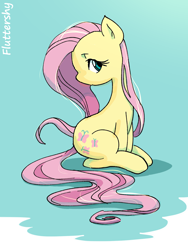 Size: 1200x1600 | Tagged: safe, artist:fuyugi, fluttershy, pony, g4, cute, female, looking at you, mare, profile, shyabetes, sitting, solo, turned head, wingless