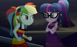 Size: 2600x1600 | Tagged: safe, artist:artmlpk, rainbow dash, sci-twi, twilight sparkle, human, equestria girls, equestria girls specials, g4, my little pony equestria girls: better together, my little pony equestria girls: spring breakdown, my little pony: the movie, argument, beautiful, clothes, crossed arms, digital art, dress, duo, female, glasses, headband, looking at each other, movie accurate, multicolored hair, ocean, rainbow dress, sleeveless, sleeveless dress, sparkly dress, storm, watermark