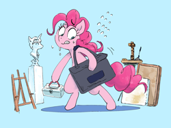 Size: 1600x1200 | Tagged: dead source, safe, artist:fuyugi, pinkie pie, earth pony, pony, g4, bag, bipedal, construction, craft, female, sculpture, solo, sweat, toolbox