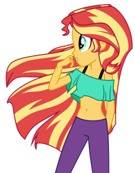 Size: 1024x1304 | Tagged: safe, artist:danmakuman, artist:emeraldblast63, sunset shimmer, human, equestria girls, g4, belly button, bra, bra strap, breasts, cleavage, clothes, cute, female, midriff, profile, shimmerbetes, short shirt, simple background, solo, sports bra, strap, trace, transparent background, underwear, wind, windswept hair