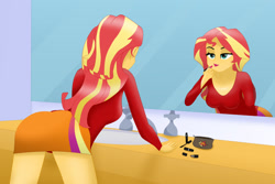 Size: 2489x1660 | Tagged: safe, artist:a-strange-cloud, sunset shimmer, equestria girls, g4, adorasexy, ass, bedroom eyes, bent over, bunset shimmer, butt, clothes, commissioner:branagain, cute, female, fetish, fetish butt, lipstick, makeup, mirror, reflection, sexy, shirt, sink, skirt, spread legs, spreading, tyłek