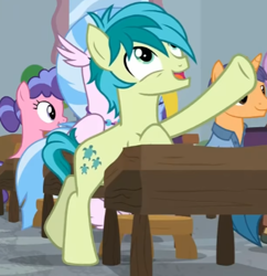 Size: 434x449 | Tagged: safe, screencap, sandbar, silverstream, earth pony, pony, a rockhoof and a hard place, g4, background pony, cropped, cute, desk, happy, male, raised hoof, smiling, solo focus, stallion