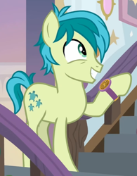 Size: 572x733 | Tagged: safe, screencap, sandbar, earth pony, pony, a matter of principals, g4, my little pony: friendship is magic, bracelet, cropped, excited, jewelry, male, pointing, raised hoof, smiling, solo, stairs