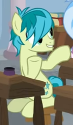 Size: 176x302 | Tagged: safe, screencap, sandbar, earth pony, pony, a rockhoof and a hard place, g4, my little pony: friendship is magic, cropped, desk, pointing, raised hoof, sitting, smiling, solo focus