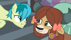 Size: 1366x768 | Tagged: safe, screencap, sandbar, yona, earth pony, pony, yak, a matter of principals, g4, cute, looking at each other, monkey swings, sandabetes, shipping fuel, smiling, yonadorable