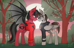 Size: 2404x1576 | Tagged: safe, artist:das_leben, bat pony, pegasus, pony, bat wings, clandestine industries, clothes, commission, ear fluff, emo, fall out boy, fangs, folded wings, gay, glasses, grass, hoodie, looking at each other, male, mikey way, my chemical romance, pete wentz, ponified, shipping, slit pupils, spread wings, stallion, standing, tree, wings, wristband, ych result