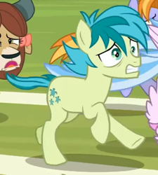 Size: 454x504 | Tagged: safe, screencap, auburn vision, sandbar, silverstream, yona, classical hippogriff, earth pony, hippogriff, pony, yak, a matter of principals, g4, season 8, background pony, cropped, female, friendship student, frown, gritted teeth, male, male focus, open mouth, running, scared, solo focus, stallion, teenager, windswept mane