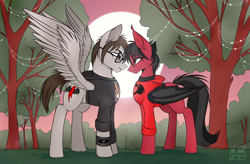 Size: 2404x1576 | Tagged: safe, alternate version, artist:das_leben, bat pony, pegasus, pony, bat wings, clandestine industries, clothes, commission, ear fluff, emo, fall out boy, fangs, folded wings, gay, glasses, grass, hoodie, looking at each other, male, mikey way, my chemical romance, pete wentz, ponified, shipping, slit pupils, spread wings, stallion, standing, tree, wings, wristband, ych result