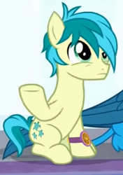 Size: 238x338 | Tagged: safe, screencap, gallus, sandbar, earth pony, pony, a matter of principals, g4, bracelet, cropped, jewelry, raised hoof, solo focus