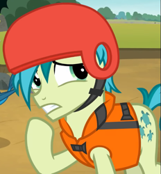 Size: 657x709 | Tagged: safe, screencap, sandbar, earth pony, pony, g4, non-compete clause, concerned, cropped, helmet, lifejacket, raised hoof