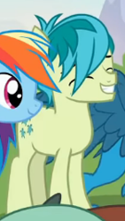 Size: 151x267 | Tagged: safe, screencap, gallus, rainbow dash, sandbar, earth pony, pegasus, pony, g4, non-compete clause, cropped, cute, eyes closed, sandabetes, smiling