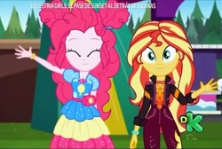 Size: 658x443 | Tagged: safe, screencap, pinkie pie, sunset shimmer, equestria girls, equestria girls specials, g4, my little pony equestria girls: better together, my little pony equestria girls: sunset's backstage pass, clothes, discovery kids, dress, eyes closed, female, looking at you, spanish, tree, waving, waving at you