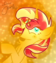 Size: 800x900 | Tagged: safe, artist:php163, sunset shimmer, pony, unicorn, g4, chest fluff, cute, eyelashes, female, looking offscreen, mare, orange background, pony sunset, shimmerbetes, signature, simple background, smiling, solo