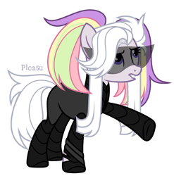 Size: 1828x1852 | Tagged: safe, artist:picasu, oc, oc only, oc:techno dancer, earth pony, pony, cyber-questria, armor, bodysuit, boots, clothes, female, glasses, lip bite, mare, multicolored hair, rainbow hair, raised hoof, shoes, simple background, solo, spy, spy suit, sunglasses, white background