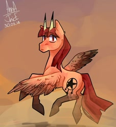 Size: 789x868 | Tagged: safe, artist:ipaki_ye_arts, oc, oc only, pegasus, pony, flying, horns, looking at you, looking back, looking back at you, pegasus oc, signature, solo, wings