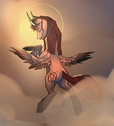 Size: 1080x1188 | Tagged: safe, artist:ipaki_ye_arts, oc, oc only, pegasus, pony, cloud, eyes closed, flying, horns, pegasus oc, rearing, signature, wings