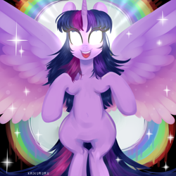 Size: 4000x4000 | Tagged: safe, artist:kaikururu, twilight sparkle, alicorn, pony, g4, absurd resolution, digital art, female, glowing eyes, mare, smiling, solo, spread wings, twilight sparkle (alicorn), wings