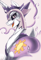 Size: 800x1164 | Tagged: safe, artist:johnjoseco, color edit, edit, editor:lanceomikron, daybreaker, princess celestia, oc, oc only, oc:groinbreaker, alicorn, pony, princess molestia, g4, butt, colored, daybutt, female, lidded eyes, looking at you, looking back, looking back at you, mane of fire, mare, plot, sharp teeth, signature, solo, teeth