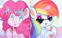 Size: 3162x1976 | Tagged: safe, artist:lauboz, pinkie pie, rainbow dash, g4, :p, chest fluff, cute, duo, duo female, ear fluff, female, open mouth, starry eyes, sunglasses, tongue out, wingding eyes