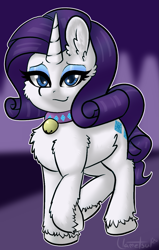Size: 791x1244 | Tagged: safe, artist:llametsul, rarity, pony, unicorn, g4, bell, bell collar, cat bell, collar, ear fluff, eyeshadow, female, fluffy, looking at you, makeup, mare, signature, smiling, smiling at you, solo, unshorn fetlocks