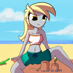 Size: 3375x3375 | Tagged: safe, artist:tjpones, derpy hooves, equestria girls, g4, beach, belly button, breasts, busty derpy hooves, cute, derpabetes, female, happy, high res, midriff, sandcastle, sitting, solo, swimming trunks