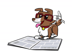 Size: 1280x960 | Tagged: safe, artist:flutterluv, winona, dog, g4, cute, female, glasses, newspaper, open mouth, reading, simple background, solo, tail wag, tongue out, white background, winonabetes