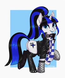 Size: 1698x2048 | Tagged: safe, artist:taytinabelle, oc, oc only, oc:coldlight bluestar, pony, unicorn, boots, bracelet, butt, chest fluff, choker, clothes, collar, cutie mark necklace, dock, ear fluff, female, fishnet stockings, happy, high ponytail, hoof boots, jacket, jewelry, leather, leather boots, leather jacket, lipstick, looking at you, mare, necklace, open mouth, plot, ponytail, popped collar, raffle prize, raised hoof, raised tail, rolled up sleeves, scarf, shoes, side view, simple background, smiling, solo, studded bracelet, studded choker, tail