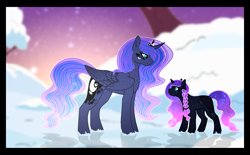 Size: 2181x1356 | Tagged: safe, artist:star-gaze-pony, princess luna, oc, oc:estelle galaxy, alicorn, pony, unicorn, g4, duo, duo female, female, mother and child, mother and daughter, offspring, parent:king sombra, parent:princess luna, snow