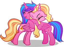 Size: 699x517 | Tagged: safe, artist:star-gaze-pony, luster dawn, oc, oc:melody aurora, alicorn, pony, g4, alicorn oc, alicornified, base used, duo, duo female, female, horn, hug, hugging a pony, offspring, parent:flash sentry, parent:twilight sparkle, parents:flashlight, race swap, simple background, transparent background, wings