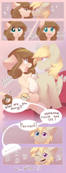 Size: 2500x6500 | Tagged: safe, artist:kebchach, oc, oc only, oc:celia montigre, earth pony, pegasus, pony, blushing, comic, laughing, shocked expression
