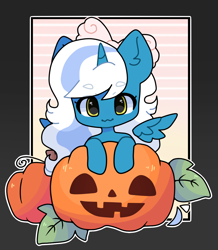 Size: 980x1125 | Tagged: safe, oc, oc:fleurbelle, alicorn, pony, :3, adorabelle, adorable face, alicorn oc, autumn, bow, chibi, cute, ear fluff, female, hair bow, halloween, holiday, horn, looking at you, mare, pink bow, pumpkin, pumpkin patch, seasonal, simple background, sweet, wings, yellow eyes