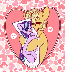 Size: 2000x2200 | Tagged: safe, artist:etoz, starlight glimmer, oc, oc:sunlight bolt, pony, unicorn, g4, blushing, body pillow, canon x oc, commission, cute, female, glimmbolt, happy, heart, high res, horn, kissing, male, mare, pillow, shipping, stallion, tongue out, unicorn oc, ych result