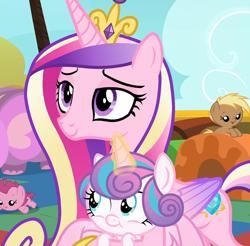 Size: 1712x1687 | Tagged: safe, screencap, coconut palm, cranberry pit, princess cadance, princess flurry heart, alicorn, pony, g4, once upon a zeppelin, cropped, female, filly, folded wings, magic, mare, wings