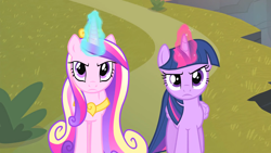 Size: 1920x1080 | Tagged: safe, screencap, princess cadance, twilight sparkle, alicorn, pony, g4, three's a crowd, :c, >:c, angry, annoyed, duo, duo female, female, frown, looking at you, magic, sisters-in-law, twilight sparkle (alicorn)