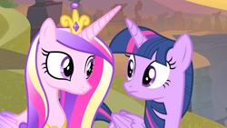 Size: 1920x1080 | Tagged: safe, screencap, princess cadance, twilight sparkle, alicorn, pony, g4, three's a crowd, duo, duo female, female, looking at each other, sisters-in-law, twilight sparkle (alicorn)