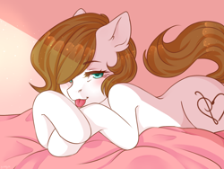 Size: 1500x1130 | Tagged: safe, artist:bylullabysoft, oc, oc only, earth pony, pony, :p, bed, blushing, cutie mark, digital art, female, looking at you, lying down, lying on bed, mare, on bed, one eye closed, solo, tail, teasing, tongue out